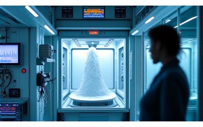 첨단 센서와 모니터로 가득 찬 이슬별의 기후 시뮬레이션 연구실. 다양한 기후 조건에서 소재를 테스트하는 전문가의 모습.