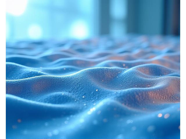 다양한 질감의 혁신적인 기후 적응형 섬유 샘플들이 미래 지향적인 연구실에 배열되어 있으며, 섬유들이 빛을 반사하고 환경과 상호작용하는 모습을 보여줍니다.