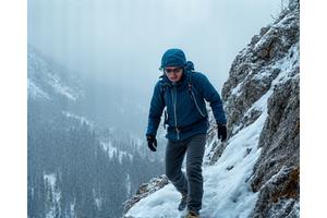 눈 덮인 산을 등반하는 아웃도어 활동가의 모습. 방수, 방풍, 보온 등 극한 환경에 최적화된 의류가 부각됨.
