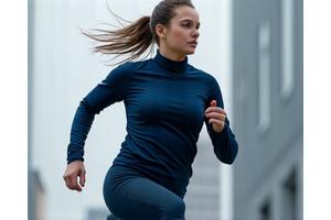 역동적인 자세로 운동하는 사람의 모습. 가볍고 통기성 좋은 스포츠웨어 재질이 강조되어 있으며, 움직임을 방해하지 않는 유려한 디자인.