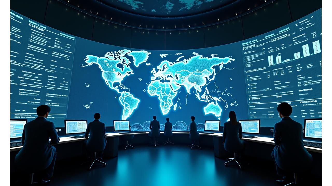 기상 리스크 관제센터 디스플레이, 글로벌 지도에 날씨 데이터가 시각화되고 AI가 리스크를 분석하는 모습