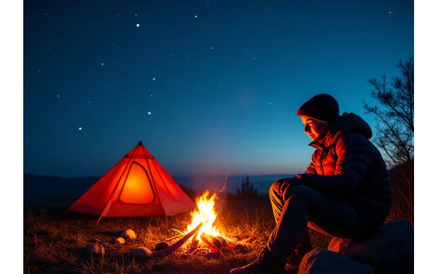 별이 빛나는 밤하늘 아래 캠핑장에서 이슬별의 보온 및 방수 기능을 갖춘 텐트와 의류로 안락하게 휴식을 취하는 캠퍼의 모습.