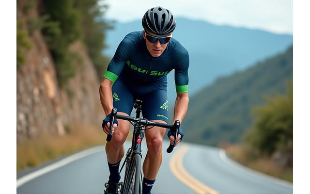 빠르게 산길을 내려오는 사이클리스트가 공기 저항을 최소화하고 안전성을 높인 이슬별의 사이클링 의류를 착용하고 있는 모습.