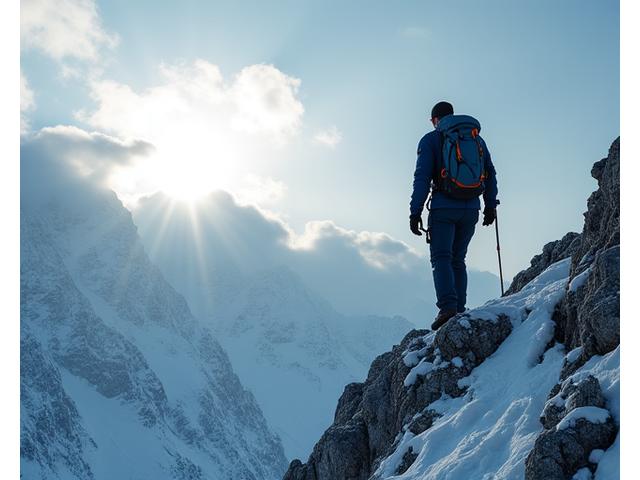 눈 덮인 산을 오르는 등산가와 함께 다양한 날씨 변화에 적응하는 등반용 의류의 레이어링 시스템을 보여주는 역동적인 장면.