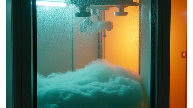 섭씨 40도, 습도 90%의 고온 다습 환경 챔버에서 이슬별 의류의 땀 배출 능력을 측정하는 모습.