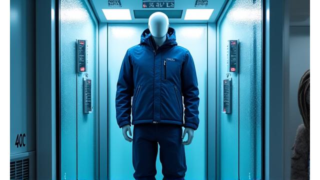 영하 40도의 고산 테스트 챔버에서 이슬별 의류를 착용한 마네킹이 온도 센서와 함께 서 있는 모습.