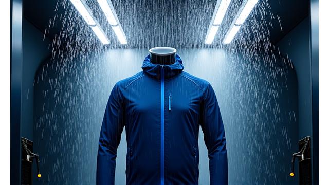 시간당 300mm의 강우량을 재현하는 방수 테스트 부스에서 이슬별 방수 재킷이 물줄기를 견디는 모습.