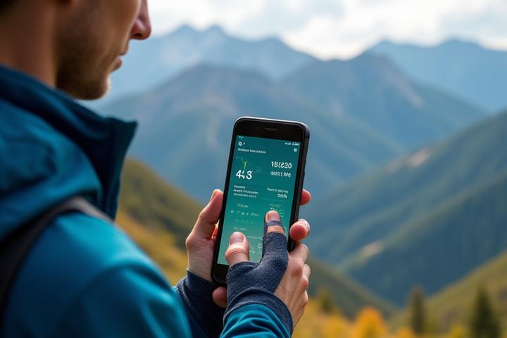 착용형 센서가 내장된 스마트 재킷을 입은 등산객이 스마트폰 앱으로 실시간 체온, 습도, 기상 정보를 확인하는 모습.