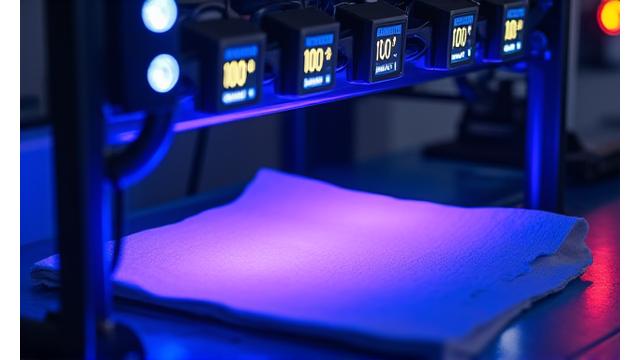 실험실에서 이슬별 의류 샘플이 강력한 UV 램프 아래 장시간 노출되어 내구성을 테스트하는 모습.