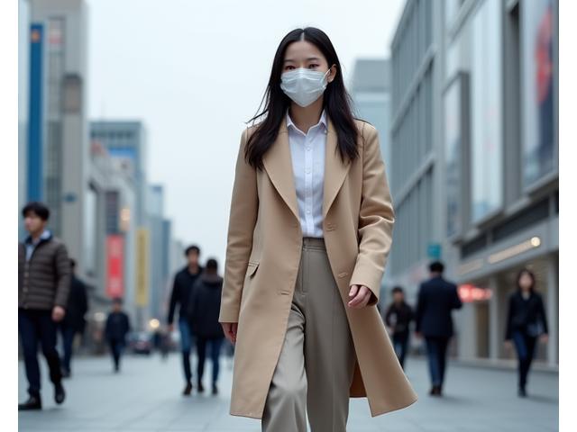 미세먼지 예보와 함께 마스크를 착용한 세련된 현대인이 도심을 걷는 모습. 마스크조차 패션 아이템으로 소화한 스타일링.