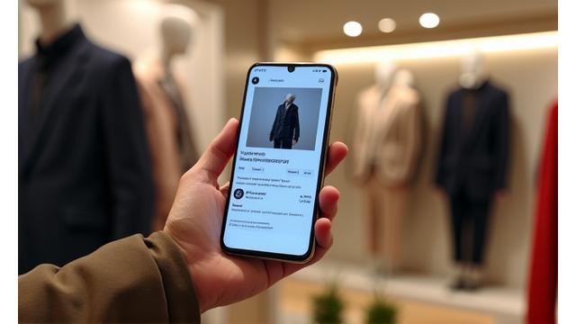 서울 명동, 강남 등 주요 쇼핑 지역의 패션 매장 내부와 함께 매장 내 재고 정보를 실시간으로 확인하는 스마트폰 화면. 효율적인 오프라인 쇼핑.