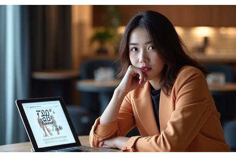 유명 서울 패션 인플루언서가 날씨 변화에 따른 스타일링 팁을 노트북 화면 앞에서 설명하는 모습. 전문적이고 트렌디한 분위기.