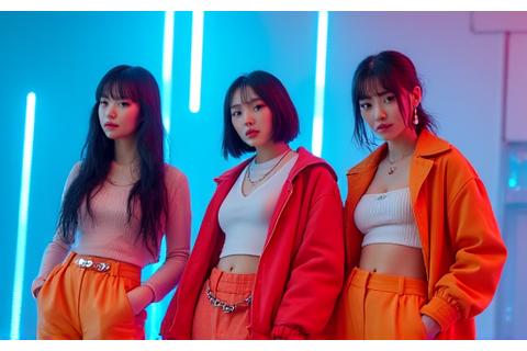 K-POP 아이돌 그룹이 무대 의상처럼 화려하면서도 날씨에 적합하게 변형된 의상을 입고 역동적인 포즈를 취하고 있는 모습.