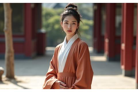 한국 전통 색감과 문양을 현대적인 의상에 접목한 모델이 고궁 또는 전통 가옥 앞에서 포즈를 취하고 있는 모습. 우아하고 세련된 분위기.