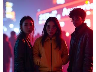 홍대 또는 강남 클럽 거리의 화려한 네온사인 아래에서 밤 문화를 즐기는 젊은 세대의 개성 넘치는 패션. 트렌디하고 도발적인 스타일.