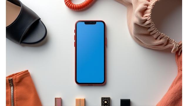 다양한 온라인 쇼핑몰 로고와 함께 스마트폰으로 의류를 구매하는 모습. 편리한 디지털 쇼핑 경험을 강조.