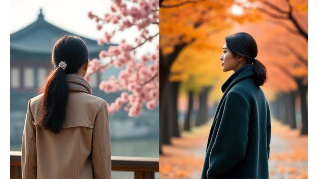 서울의 봄과 가을을 나타내는 이미지. 벚꽃이 만개한 궁궐 배경과 깊어가는 단풍길을 걷는 사람들의 세련된 간절기 패션.