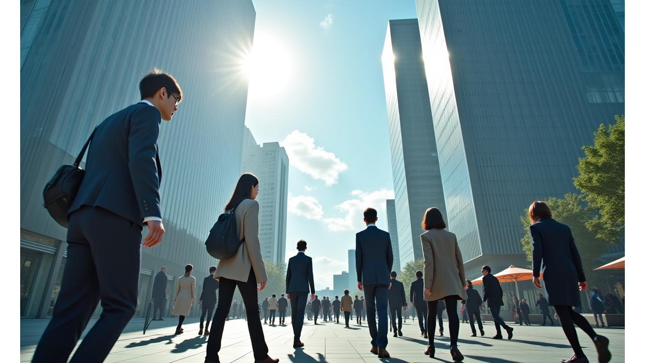 서울 도심의 현대적인 건물들과 하늘에서 비구름이 걷히고 햇살이 비추는 드라마틱한 날씨 변화를 보여주는 이미지. 세련된 옷차림의 사람들이 각자의 활동을 위해 움직이는 모습.