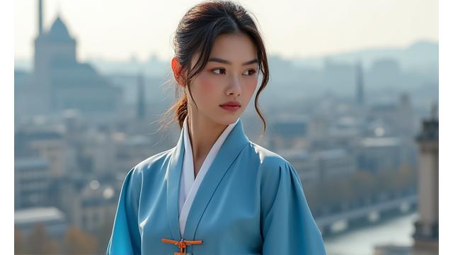 현대적인 한복 디자인과 도시 풍경